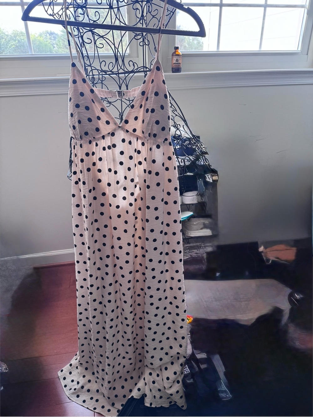 NWT Abercrombie Cream Polka Dot Maxi Slip Dress with Black Dots